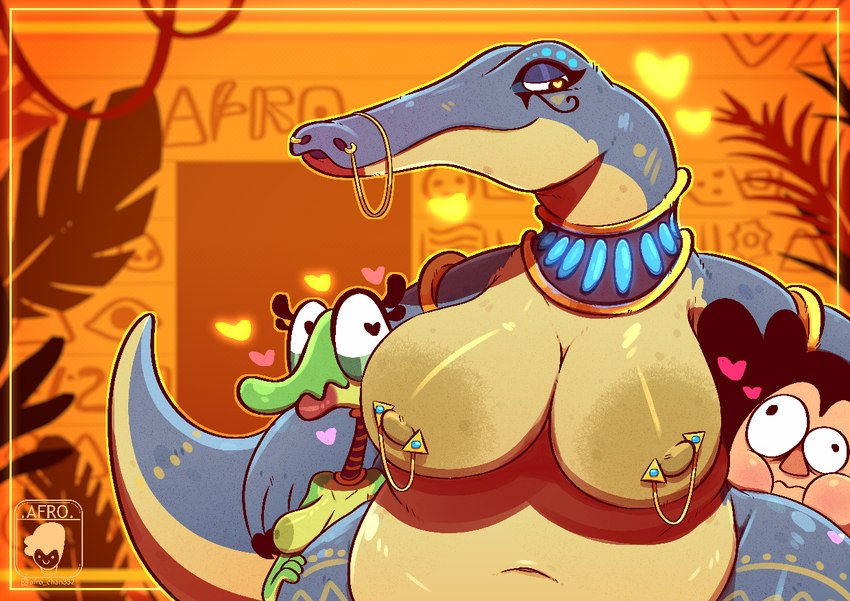 anthro areola big_breasts breasts egyptian female glistening_eyelids group male mature_female nipple_piercing nipples non-mammal_nipples overweight piercing tan_areola tan_nipples trio afro_chan332 biphony_(rubbish_chameleon) terry_(rubbish_chameleon) scalie