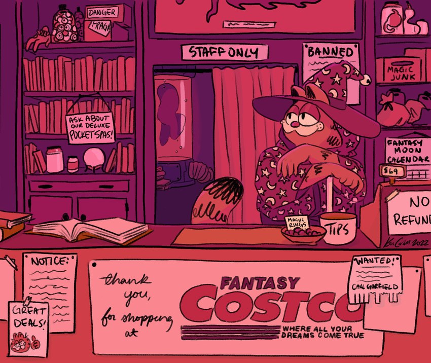 ambiguous_gender anthro book bookshelf bowl cash_register clothed clothing container curtains desk detailed_background furniture hat headgear headwear inside jar paper parody sign solo store striped_body stripes table text witch_hat wingsofahoneybee costco garfield_(series) mcelroy_brothers my_brother_my_brother_and_me the_adventure_zone garfield_the_cat garfield_the_deals_warlock domestic_cat felid feline felis mammal english_text hi_res purple_theme warm_colors