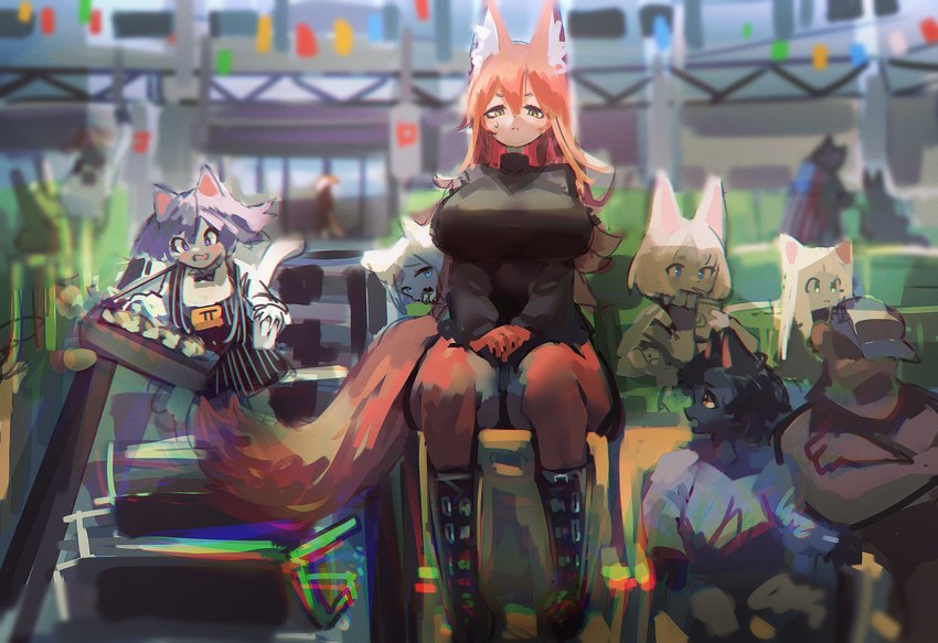 accident anthro beverage big_breasts big_tail biped black_body black_fur blue_eyes blush bodily_fluids breasts chromatic_aberration clothed clothing dropping_food eyebrows falling female food footwear frown fully_clothed fur green_eyes group hair inner_ear_fluff kemono long_hair looking_at_another nervous purple_hair red_body red_fur red_hair shoes short_hair sitting stairs sweat sweatdrop tail tripping tuft white_body white_fur utterangle unnamed_fox_(utterangle) white_fox_(utterangle) canid canine fox mammal colored digital_media_(artwork) hi_res shaded