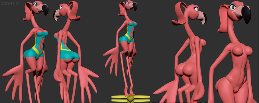 anthro breasts butt clothed clothing female genitals green_eyes model non-mammal_breasts nude pink_body pussy skinny small_breasts solo standing wings nighthia brand_new_animal studio_trigger the_pink_flamingos_(brand_new_animal) avian bird flamingo 3d_(artwork) digital_media_(artwork) hi_res zbrush_(artwork)