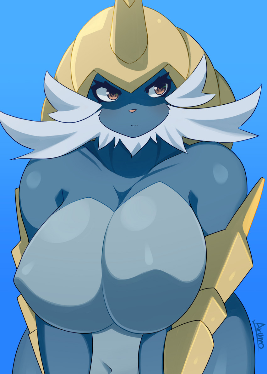 anthro anthrofied big_breasts breasts featureless_breasts female huge_breasts pokemorph simple_background solo arumo nintendo pokemon generation_5_pokemon pokemon_(species) samurott 2020 hi_res signature