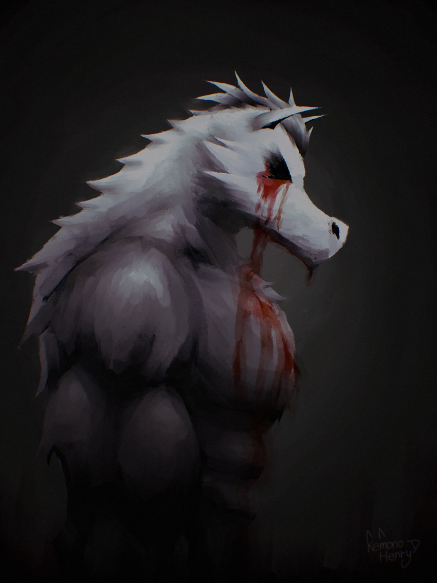 abs anthro barazoku biceps blood bodily_fluids eyeless fur gore hair male muscular pecs simple_background solo kemonohenry mythology canid canine canis hybrid mammal mythological_canine mythological_creature werecanid werecanine werecreature werewolf wolf hi_res