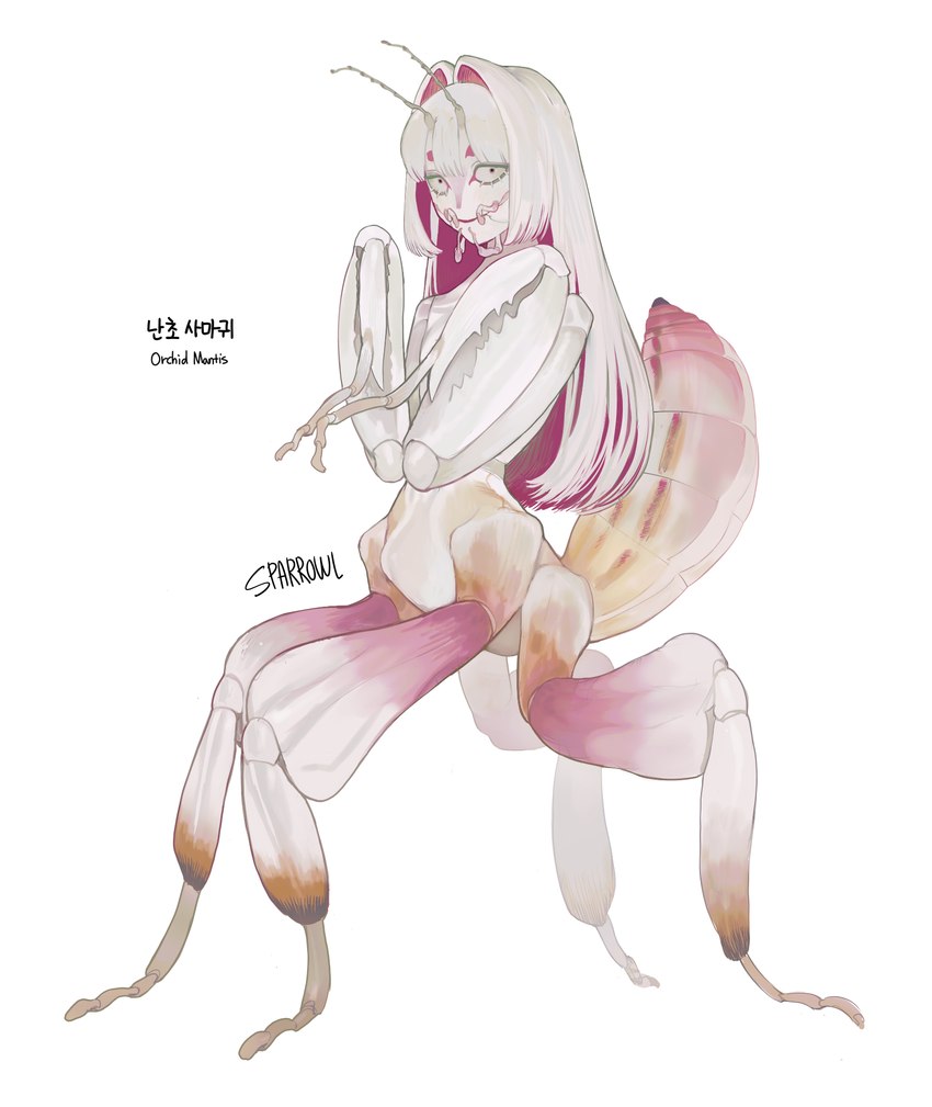 antennae_(anatomy) arthropod_abdomen bangs black_eyes black_text breasts exoskeleton eyelashes featureless_breasts female female_taur hair head_turned humanoid_face long_hair looking_at_viewer monster_girl_(genre) mouth_closed multicolored_body multicolored_exoskeleton pink_body pink_exoskeleton quadruped side_view simple_background solo text white_antennae white_background white_body white_exoskeleton white_eyelashes white_hair yellow_body yellow_exoskeleton sparrowl arthropod arthropod_taur flower_mantis insect insect_taur mantis mantis_taur orchid_mantis taur 2024 english_text hi_res korean_text