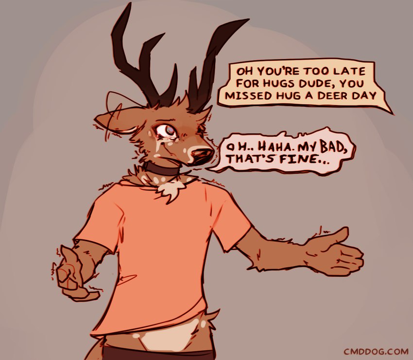 5_fingers anthro antlers brown_body brown_fur clothed clothing dialogue ear_motion fingers fur horn low-riding male shirt solo speech_bubble text topwear lawyerdog panko_(lawyerdog) deer mammal english_text