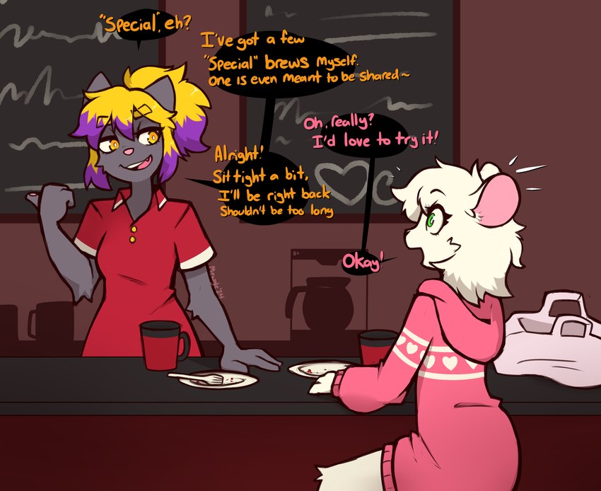 anthro beverage cake clothing dessert dialogue duo female food male text mewgle ashley_(mewgle) reggie_(whygena) domestic_cat felid feline felis mammal murid murine rat rodent english_text hi_res