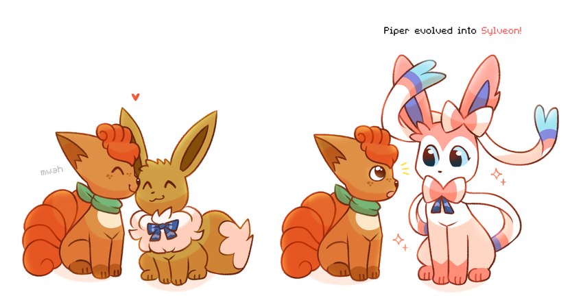 bow_ribbon cuddling duo evolution evolution_(transformation) female feral growth kerchief neckerchief neckwear simple_background size_difference surprise text transformation white_background aimer_arts nintendo pokemon pokemon_mystery_dungeon spike_chunsoft clementine_the_vulpix_(aimer_arts) piper_the_eevee_(aimer_arts) eevee eeveelution generation_1_pokemon generation_6_pokemon pokemon_(species) sylveon vulpix hi_res