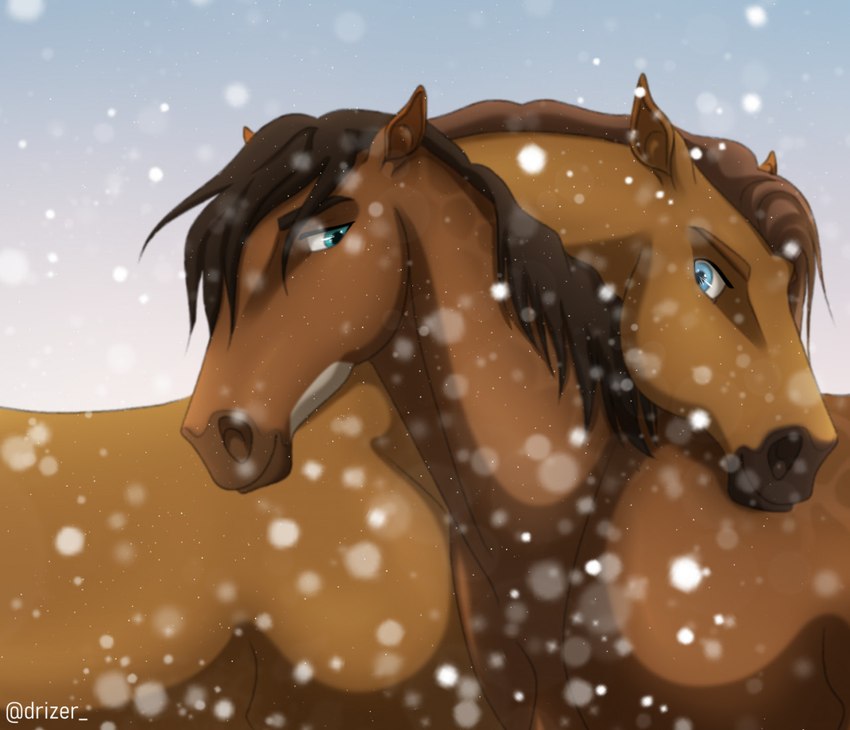 ambiguous_gender blue_eyes brown_body brown_hair duo eyebrows feral hair looking_at_another mane simple_background smile drizer dolero sillion_(swag2dragon) equid equine horse mammal 2021 digital_media_(artwork)