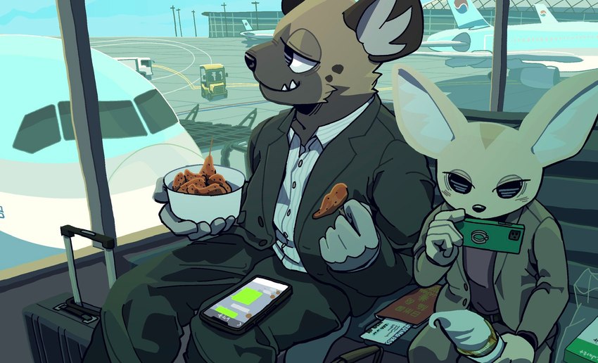 aircraft airplane airport anthro black_nose clothed clothing cute_fangs dessert duo electronics fangs female food fully_clothed ice_cream male phone sitting teeth vehicle vetiver_n aggretsuko sanrio fenneko haida_(aggretsuko) canid canine fennec_fox fox hyena mammal spotted_hyena true_fox 2020 hi_res