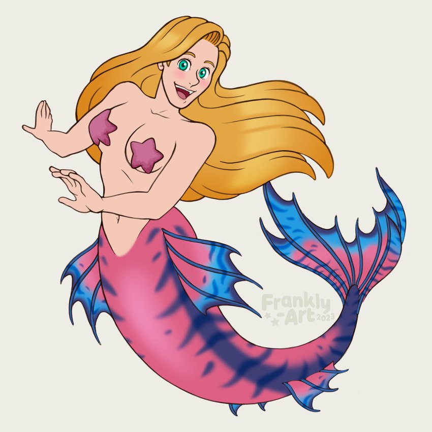 blonde_hair blue_eyes blush breasts female fin flowing_hair hair mermaid_syphira navel smile solo split_form starfish_(accessory) starfish_bra stripes tail teeth tongue frankly-art animal_humanoid asterozoan echinoderm humanoid humanoid_taur marine marine_humanoid marine_taur merfolk starfish taur 1:1