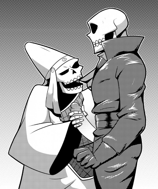 bodily_fluids bone clothed clothing duo genitals handjob hat headgear headwear humanoid_on_humanoid male male/male not_furry penile penis sex skeleton sweat teeth elfein asian_mythology atlus megami_tensei mythology sega daisoujou hell_biker animated_skeleton humanoid undead black_and_white hi_res monochrome