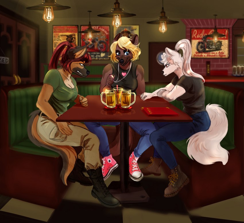 5_fingers alcohol anthro bar beer beverage black_nose blonde_hair blue_eyes boots bottomwear breasts brown_body brown_fur brown_hair cleavage clenched_teeth clock clothed clothing death_glare denim denim_bottomwear denim_clothing female fingers footwear fur group hair humanoid_hands inner_ear_fluff inside jeans looking_at_another pants ponytail red_eyes shirt shoes sitting sneakers stare staring_contest stopwatch t-shirt tank_top teeth topwear trio tuft watch white_body white_fur white_hair cinnameana andrea_rayne dora_schutzhund murmur_(slanda) arctic_fox canid canine canis domestic_dog fox german_shepherd herding_dog mammal pastoral_dog true_fox 2022 digital_media_(artwork)