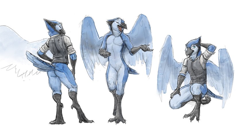 3_toes anthro avian_feet beak bedroom_eyes biped black_beak black_body black_feathers blue_body blue_eyes blue_feathers bottomless butt casual_nudity claws clothed clothing digitigrade eyes_closed feathered_wings feathers featureless_crotch feet front_view half-closed_eyes hand_behind_head hand_on_leg hand_on_thigh kneeling looking_at_viewer looking_back male multiple_poses narrowed_eyes nude on_one_knee open_mouth pose rear_view seductive simple_background smile solo spread_wings standing toe_claws toes tongue topwear vest white_background wings zaush bj_(character) avian bird blue_jay corvid jay_(bird) new_world_jay oscine passerine 2014 absurd_res digital_media_(artwork) hi_res multiple_versions sketch