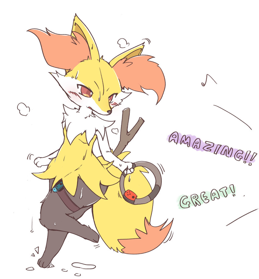 ambiguous_gender anthro black_body black_fur black_nose bodily_fluids controller ear_tuft exercise fur game_controller musical_note musical_symbol navel orange_body orange_eyes orange_fur solo stick sweat symbol text tuft yellow_body yellow_fur mei_(artist) nintendo nintendo_switch pokemon ring_fit_adventure braixen generation_6_pokemon pokemon_(species) 2020 english_text hi_res