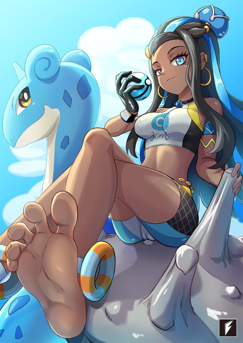 5_toes ambiguous_gender barefoot blue_body blue_eyes breasts camel_toe clothing cloud dark_body dark_skin day dive_ball duo ear_piercing ear_ring feet female foot_focus gloves gym_leader hair handwear human_focus humanoid_feet long_hair looking_at_viewer piercing plantigrade pokeball ring_piercing shell sitting soles toes teng_zhai_zi nintendo pokemon nessa_(pokemon) generation_1_pokemon human lapras mammal pokemon_(species) 2022 hi_res signature