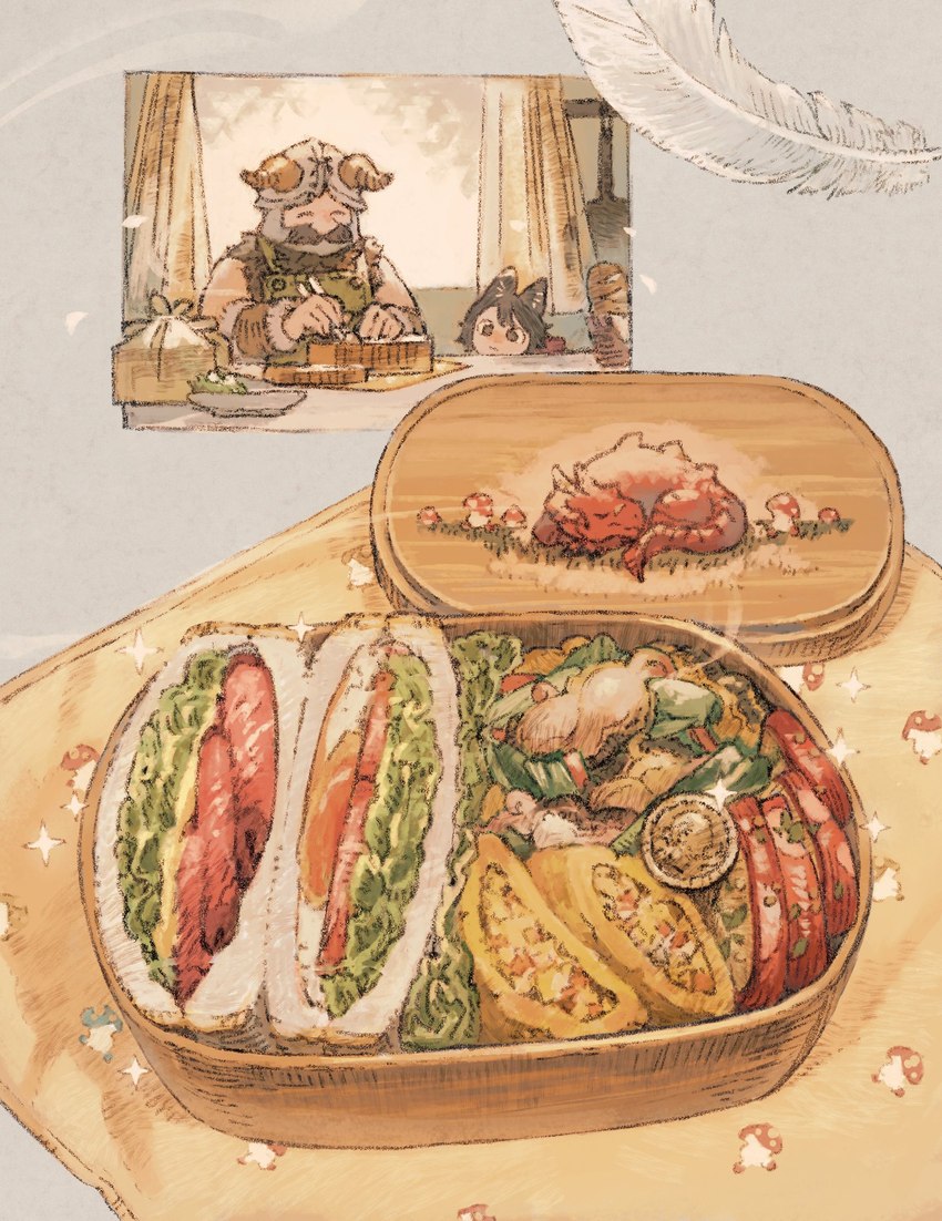 armor bento_box bread clothed clothing detailed_food duo facial_hair feathers female food food_focus fried_egg headgear helmet lettuce male mustache omelette plant sandwich_(food) sparkles text vegetable window_curtains maeka delicious_in_dungeon izutsumi_(delicious_in_dungeon) senshi_(delicious_in_dungeon) animal_humanoid cat_humanoid dwarf felid felid_humanoid feline feline_humanoid humanoid living_armor_(delicious_in_dungeon) mammal mammal_humanoid red_dragon_(delicious_in_dungeon) treasure_insect walking_mushroom detailed english_text hi_res