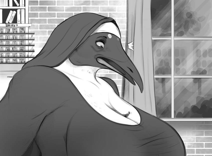 anthro beak between_breasts big_breasts breasts brick_wall clothing curtains_open duo extreme_size_difference female inside larger_female library macro male micro micro_between_breasts nun_outfit open_beak open_mouth size_difference smaller_male stairs student surprised_expression teacher teacher_and_student text uniform wall_(structure) window taylornoir mrs.timmia_(taylornoir) avian bird emperor_penguin human mammal penguin 2023 absurd_res english_text hi_res monochrome