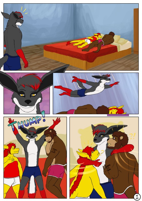 anthro bed bedroom furniture group hug jumping male male/male cowardlion canid canine canis kobold mammal mustelid otter scalie wolf 2019 comic digital_media_(artwork) hi_res