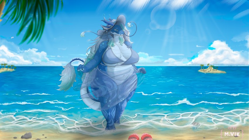 anthro beach belly big_breasts bikini bikini_bottom bikini_top blue_body breasts clothing cloud female hair hat headgear headwear horn island lens_flare long_hair palm_tree plant sand sea sky slightly_chubby slightly_chubby_female solo swimwear tail tail_tuft tree tuft two-piece_swimsuit water wave mvikt mythology dragon mythological_creature mythological_scalie scalie 16:9 4k absurd_res hi_res widescreen