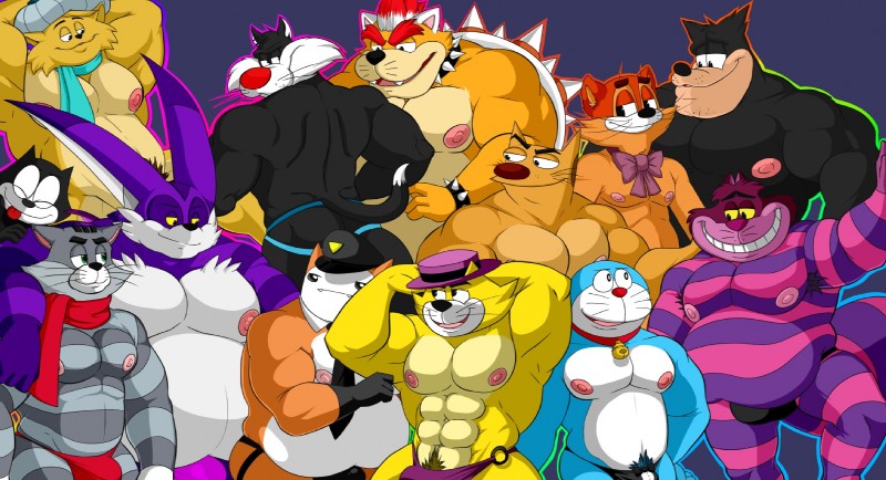 abs anthro biceps big_muscles black_body black_fur bulge clothing feral fur group hat headgear headwear male male/male musclegut muscular muscular_male nipples nude orange_body orange_fur pubes russian slightly_chubby smile stripes bobthetanuki alice_in_wonderland alice_in_wonderland_(1951) alice_in_wonderland_(disney) battleblock_theater catdog_(series) disney doraemon dreamworks ekran felix_the_cat_(series) hanna-barbera leopold_the_cat_(series) looney_tunes mario_bros nickelodeon nintendo sega sonic_the_hedgehog_(series) the_behemoth_(company) top_cat_(series) warner_brothers big_the_cat cat_guard cheshire_cat cheshire_cat_(disney) doraemon_(character) felinius_cat felix_the_cat leopold_the_cat matroskin meowser pete_(disney) sylvester_(looney_tunes) top_cat canid canine canis cheshire_cat_(species) domestic_cat domestic_dog felid feline felis koopa mammal scalie crossover hi_res