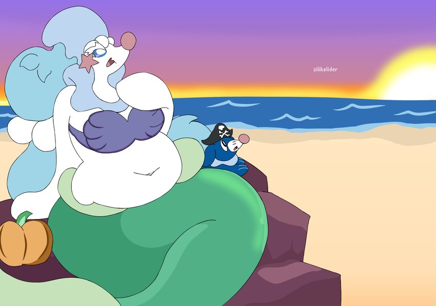 anthro duo female holidays navel overweight slightly_chubby sunset zilikslider halloween nintendo pokemon generation_7_pokemon pokemon_(species) popplio primarina hi_res