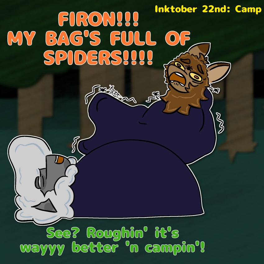 anthro camping dialogue duo female forest male male/female night plant relaxing screaming simple_background sleeping_bag text toony tree relyt2442 inktober the_nature_of_predators firon_(nopov) raila_(nopov) arachnid arthropod mammal spider venlil_(the_nature_of_predators) 1:1 2024 english_text hi_res