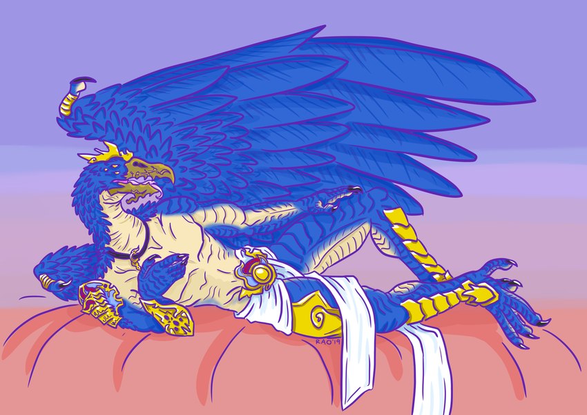 anthro armor bed big_wings feathered_wings feathers furniture gold_(metal) gold_armor huge_wings jewelry lying lying_on_bed male on_bed pendant seductive shin_pads shinguards shoulder_pads solo suggestive_pose touching_chest tzeentchean_symbol wings dragoonfliy warhammer_(franchise) unknown_character avian avian_demon bird chaos_daemon corvid corvus_(genus) daemon_of_tzeentch lord_of_change oscine passerine raven hi_res