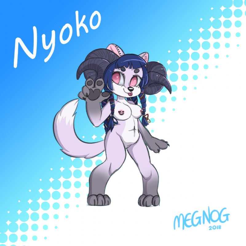 breasts chibi female gesture hair hand_gesture horn japanese nipples nude piercing solo text tongue v_sign megnog nyoko gulonine mammal marten mustelid musteline 1:1 english_text hi_res