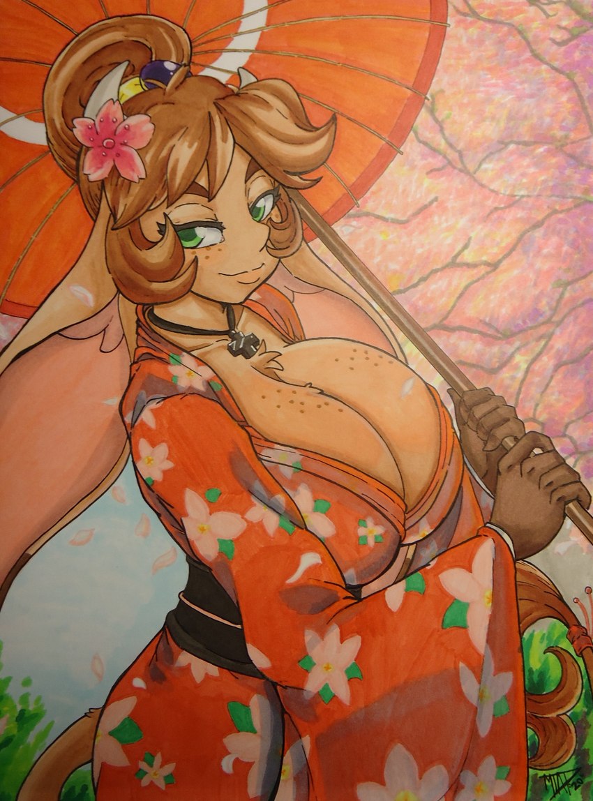 accessory anthro asian_clothing big_breasts breasts cherry_blossom cleavage clothed clothing east_asian_clothing female floppy_ears flower freckles green_eyes hair_accessory horn japan japanese_clothing kimono looking_at_viewer plant prunus_(flower) umbrella wagasa mtapartstuff las_lindas mora_linda bovid bovine cattle mammal absurd_res hi_res traditional_media_(artwork)