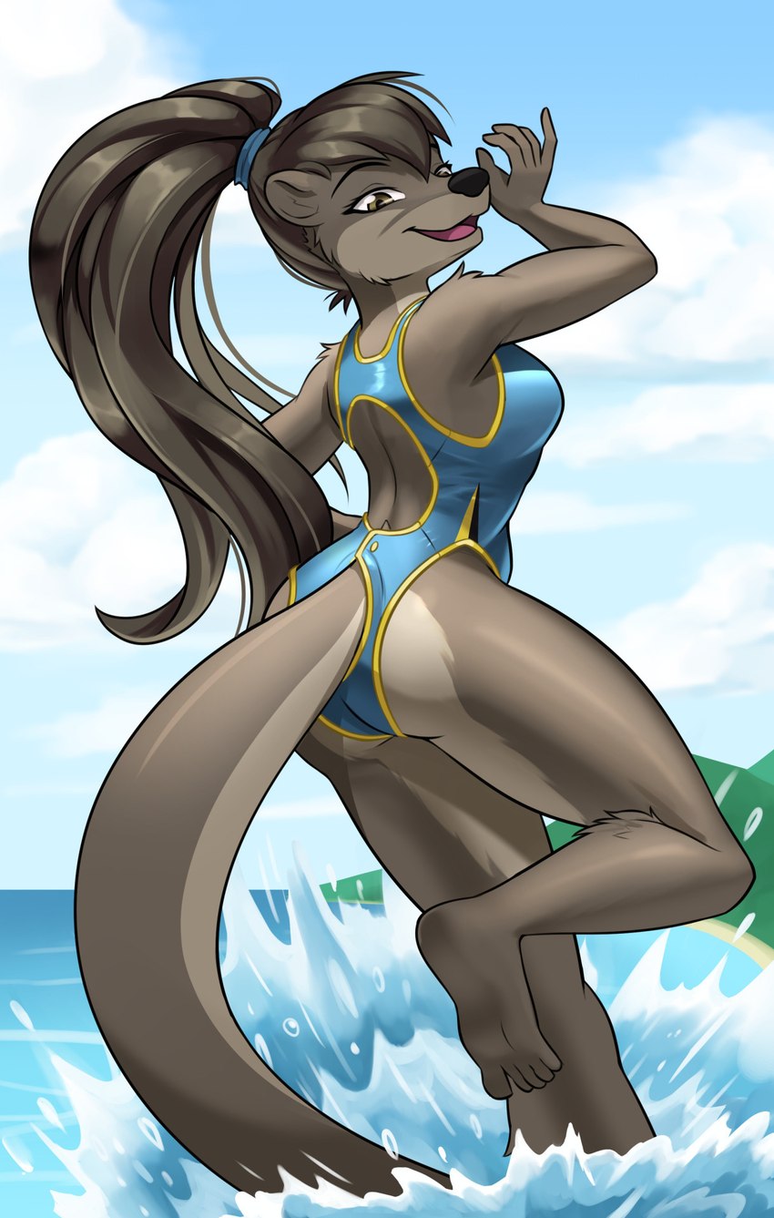 5_fingers 5_toes anthro barefoot black_nose brown_body brown_eyes brown_fur brown_hair butt butt_pose clothed clothing eyelashes feet female fingers fur hair humanoid_feet inner_ear_fluff long_hair looking_at_viewer one-piece_swimsuit open_mouth open_smile plantigrade ponytail pose smile soles solo spread_toes swimwear tail toes tuft water dstears nat_(mykegreywolf) mammal mustelid otter 2024 hi_res