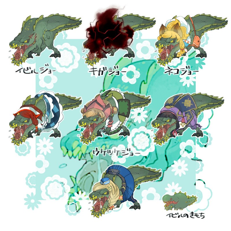 ambiguous_gender claws clothing feral green_body green_scales group scales simple_background spikes teeth text de_ktgr capcom monster_hunter brute_wyvern deviljho dinosaur prehistoric_species reptile scalie theropod 1:1 japanese_text translation_request