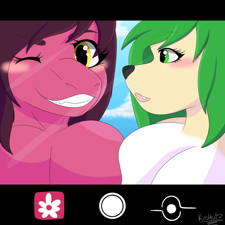 anthro blush breast_squish breasts camera_view cloud duo featureless_breasts female green_eyes green_hair hair looking_at_another looking_at_viewer one_eye_closed phone_screen pink_body purple_hair selfie sky smile squish tan_body teeth white_body wink yellow_eyes ghostlywafflez hazel_verday layla_thompson domestic_cat felid feline felis fish hybrid mammal marine procyonid raccoon shark 1:1 hi_res