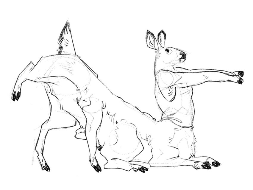 8_legs ambiguous_gender black_line_art clothing hooves lying multi_leg multi_limb scut_tail shirt short_tail simple_background solo stretching tail topwear white_background mushroomsoup65 deer deer_taur mammal mammal_taur taur 4:3 monochrome sketch