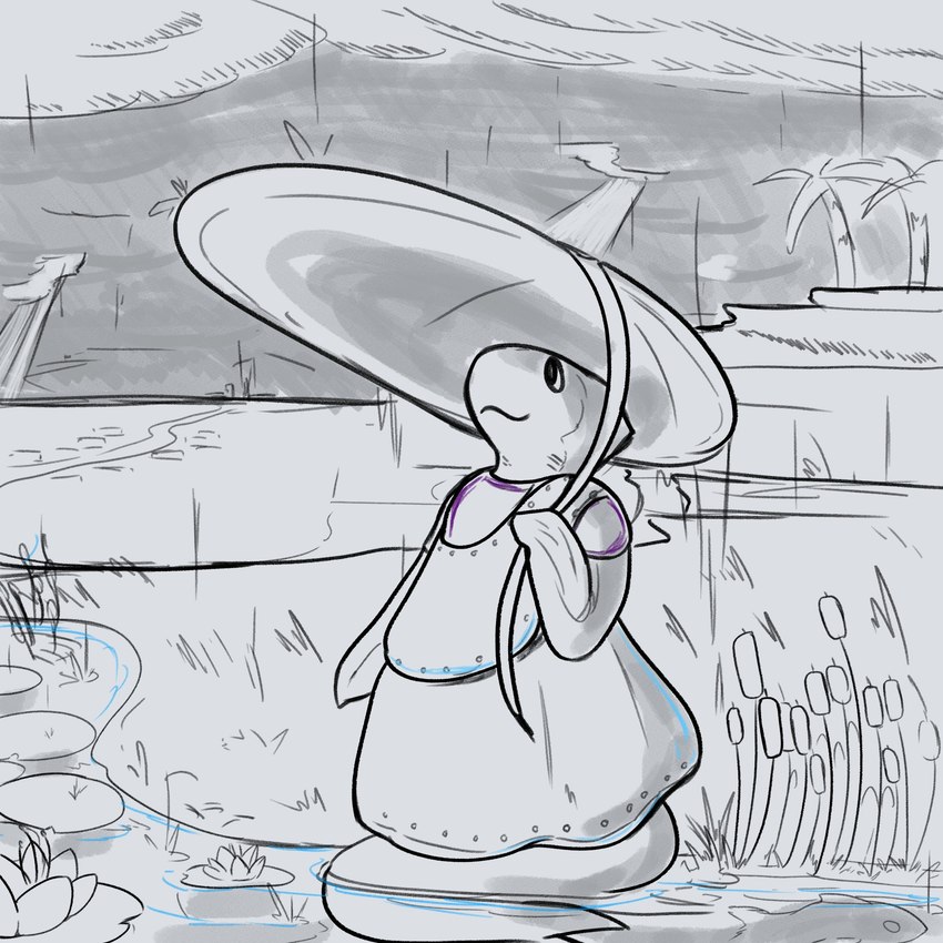 ambiguous_gender anthro clothing cloud dress grass lily_pad plant pond rain_drops raining tree dawnsjunk fish marine 1:1 black_and_white hi_res monochrome sketch