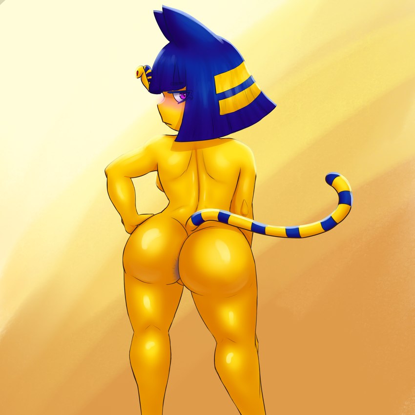 anthro big_butt blue_hair blush butt female fur hair hand_on_hip looking_at_viewer looking_back markings nude rear_view short_stack solo standing striped_markings striped_tail stripes tail tail_markings yellow_body yellow_fur darkafterdark animal_crossing nintendo ankha_(animal_crossing) felid feline mammal 1:1 absurd_res digital_media_(artwork) hi_res