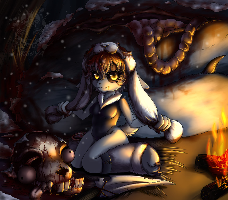 alternative_fashion animal_remains animal_skin animal_skull anthro bedding blood blood_stain bodily_fluids bodysuit bone bonfire bunny_ear_hat campfire carnivorous cinematic claws clothing corpse dagger damage dark_clothing dark_fantasy dark_fetish dark_horror dead_animal digitigrade disturbing dramatic_lighting eyeball fangs fantasy_art feet female feral fire fluffy fluffy_fur fluffy_paws fluffy_tail fur_collar fur_leg_warmers glowing glowing_eyes gore goth grim headgear headwear high_detail hindpaw horror_art horror_themes hunting internal_organs macabre melee_weapon mild_gore moody night ominous painterly paws plant predator/prey prey_animal primal rabbit_pelt severed_body_part severed_head sharp_teeth sinister size_difference skinning skinsuit skull skull_head small_chest smaller_female smile snow solo stitched_clothing survival tail teeth text tight_clothing tree unsettling violence warm_light warmers weapon wilderness winter worn_pelt yellow_eyes tasseya fan_character canid canine canis lagomorph leporid mammal rabbit wolf 2026 absurd_res artist_name bad_metadata colored concept_art dark_theme detailed digital_drawing_(artwork) digital_media_(artwork) digital_painting_(artwork) hi_res md5_mismatch painting_(artwork) shaded signature url wallpaper watermark widescreen