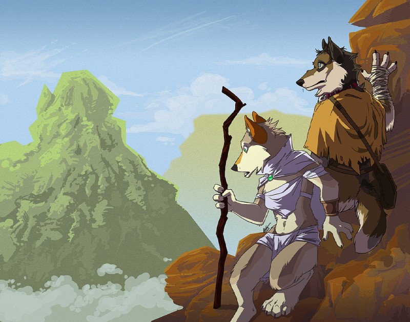 anthro cloud descending desert duo female high_place highlands male mountain mountainside off_camera outside scenic_view sky surprise tail toony tribal walking kilojara canid canine canis coyote mammal wolf reaction_image