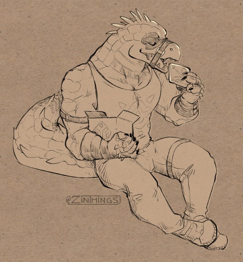 anthro claws clothing eating eyes_closed fangs male mouth_strap open_box shirt solo spikes tail tank_top tattoo teeth thick_tail topwear zinthings dislyte lilith_games daylon_(dislyte) crocodile crocodilian reptile scalie