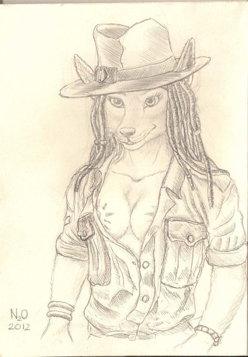 anthro areola bracelet breast_markings breasts clothing cowboy_hat dreadlocks dress_shirt female front_view hat headgear headwear jewelry looking_forward markings rolled_up_sleeves shirt side_boob solo standing topwear unbuttoned unbuttoned_shirt n2o kateena_taworii dasyuromorph mammal marsupial recently_extinct_species thylacine 2012 hi_res