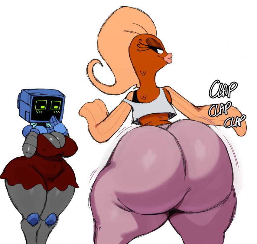 anthro ass_clapping big_breasts big_butt biped breasts butt clothed clothing dress duo female female/female fin fingers grey_body huge_breasts huge_butt lips machine onomatopoeia orange_body orange_skin pink_lips presenting presenting_hindquarters red_clothing red_dress shaking_butt simple_background sound_effects standing text thick_lips thick_thighs white_background wide_hipped_anthro wide_hipped_female wide_hips sssonic2 nickelodeon spongebob_squarepants karen_plankton suzie_groove fish marine robot 2024 hi_res