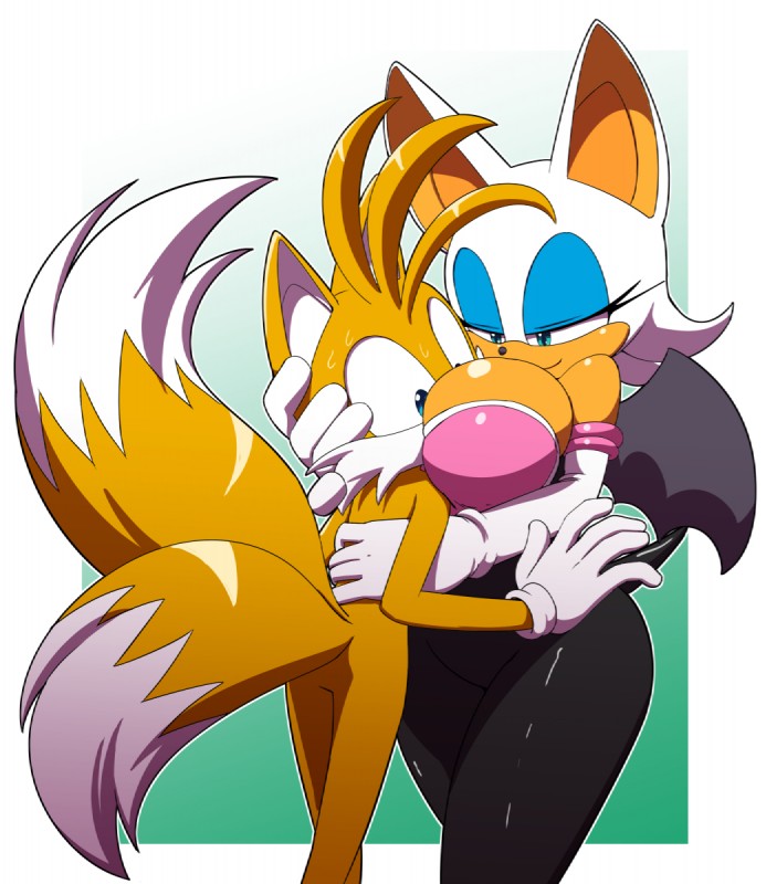 anthro between_breasts big_breasts bodily_fluids breast_smother breasts cleavage clothed clothing duo face_in_breasts female glistening head_between_breasts hug huge_breasts male smile smothering sweat kojiro-brushard kojiro-highwind sega sonic_the_hedgehog_(series) miles_prower rouge_the_bat bat canid canine fox mammal 2017 hi_res