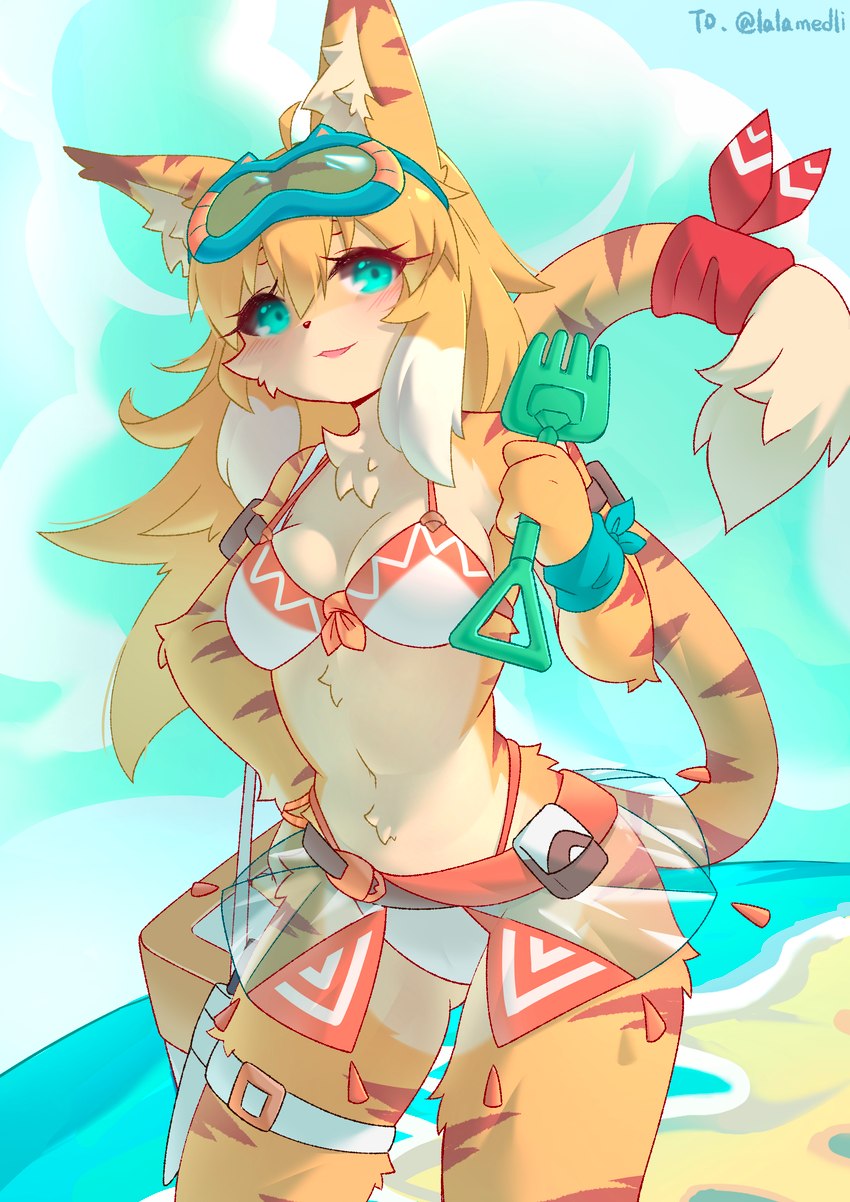 anthro bikini bikini_skirt clothed clothing day eyewear eyewear_on_head female goggles goggles_on_head outside solo swimwear two-piece_swimsuit yellow_body lalamedli cygames world_flipper mia_(world_flipper) felid mammal pantherine tiger absurd_res hi_res