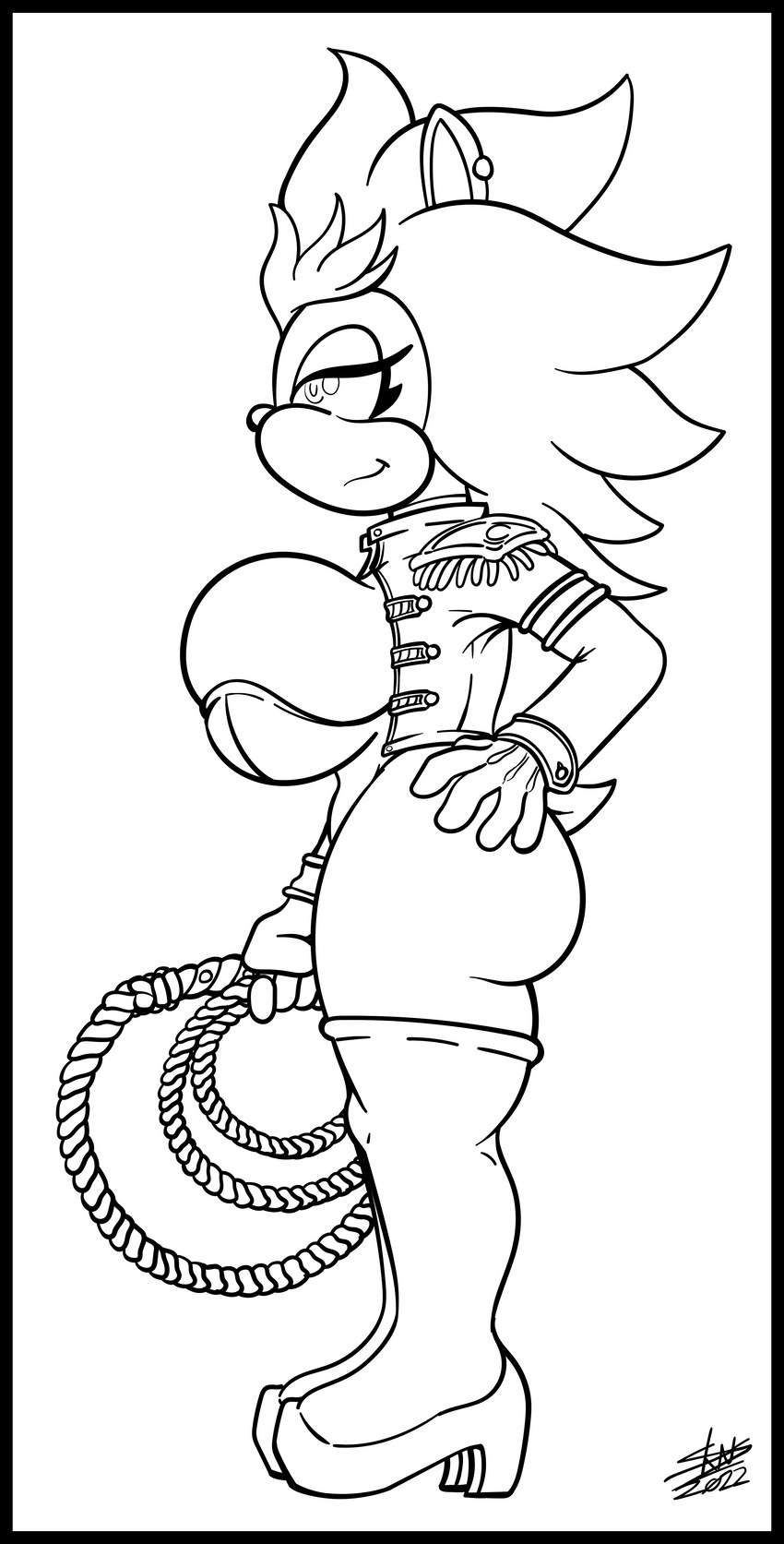 anthro armor big_breasts black_border boots border breasts clothing ear_piercing female footwear gloves handwear huge_breasts jacket legwear leotard makeup mane pauldron piercing ringleader shoes short_tail smile smirk solo tail thigh_boots thigh_highs topwear whip skianous sega sonic_the_hedgehog_(series) fan_character zamboni_(oc) lagomorph leporid lionhead_rabbit mammal rabbit absurd_res hi_res line_art monochrome