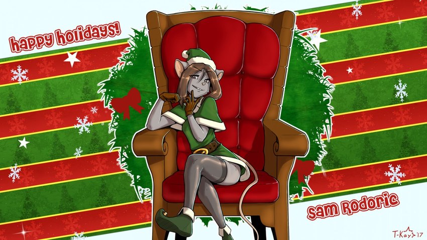 anthro belt chair christmas_clothing christmas_headwear clothed clothing female furniture green_clothing hat headgear headwear holidays legwear looking_at_viewer santa_hat sitting smile smirk solo stockings touching_face t-kay christmas sam_rodoric mammal mouse murid murine rodent 16:9 2017 digital_media_(artwork) shaded widescreen