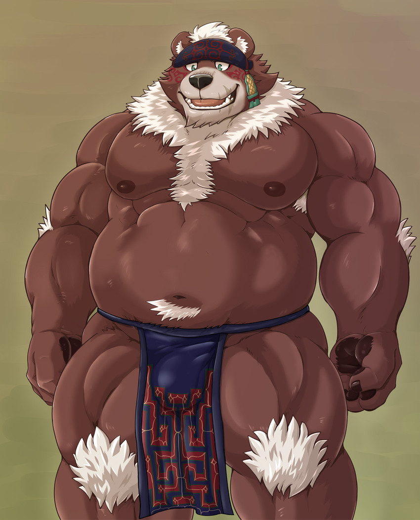 anthro belly bottomwear brown_body brown_fur bulge clothing fur kemono loincloth male moobs musclegut muscular navel nipples overweight overweight_anthro overweight_male solo a3_lion wildheit lifewonders tokyo_afterschool_summoners kimun_kamui_(tas) bear mammal 2020 hi_res