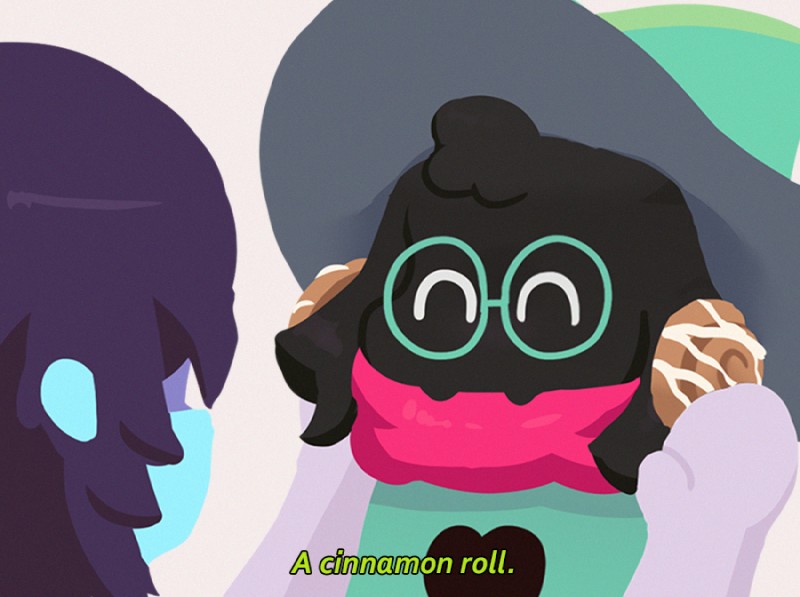 blue_body blue_skin cinnamon_bun clothing duo eyewear food glasses hat headgear headwear heart_symbol male pastry scarf text aamakuruu deltarune undertale_(series) kris_(deltarune) ralsei bovid caprine goat human mammal english_text meme