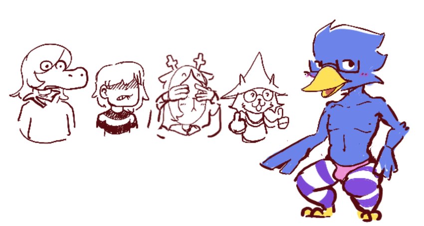 accessory anthro beak blush bulge crouching eyewear feather_in_hair feathers female femboy glasses group hair hair_accessory long_socks male nipples sexy_eyes slim solo teasing lavir deltarune undertale_(series) berdly kris_(deltarune) noelle_holiday susie_(deltarune) avian bovid caprine deer human humanoid mammal hi_res