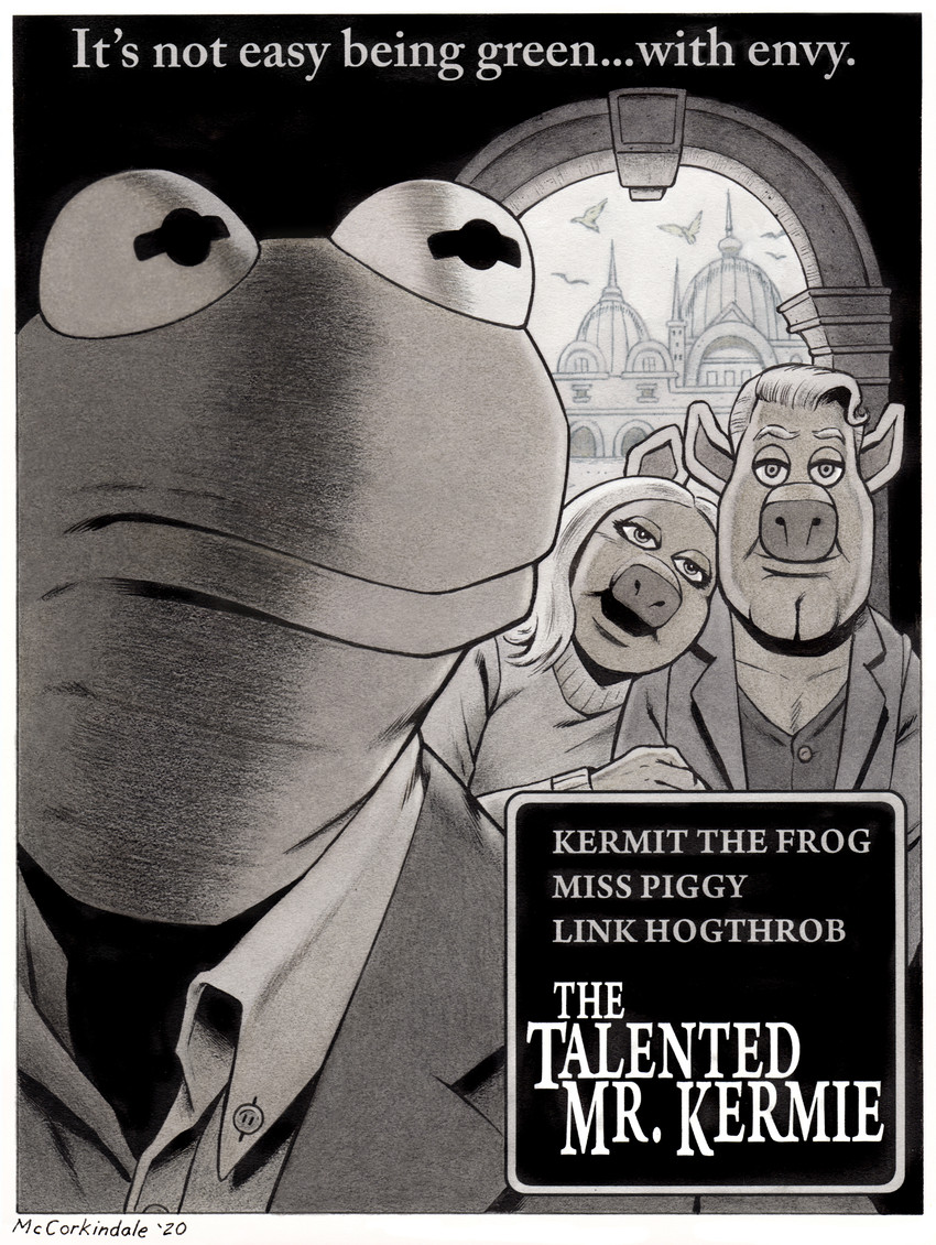 anthro border cleft_chin clothing coat dress_shirt female group jealous looking_at_viewer looking_back male male/female movie_poster parody poster poster_template shirt snout tagline text title topwear white_border bruce_mccorkindale muppets the_muppet_show the_talented_mr._ripley kermit_the_frog link_hogthrob miss_piggy amphibian avian bird domestic_pig frog mammal muppet suid suine sus_(pig) 2020 black_and_white crossover english_text greyscale hi_res monochrome signature