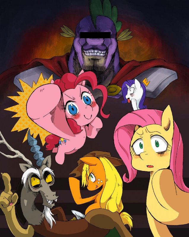 antlers blonde_hair cape censor_bar censored_face clothing cowboy_hat cutie_mark female feral freckles green_eyes group hair hat headgear headwear horn looking_back male open_mouth pink_hair purple_hair ino friendship_is_magic hasbro my_little_pony mythology applejack_(mlp) discord_(mlp) fluttershy_(mlp) pinkie_pie_(mlp) rarity_(mlp) spike_(mlp) chimera draconequus dragon earth_pony equid equine horse mammal mythological_creature mythological_equine mythological_scalie pony scalie unicorn 2013 censored hi_res