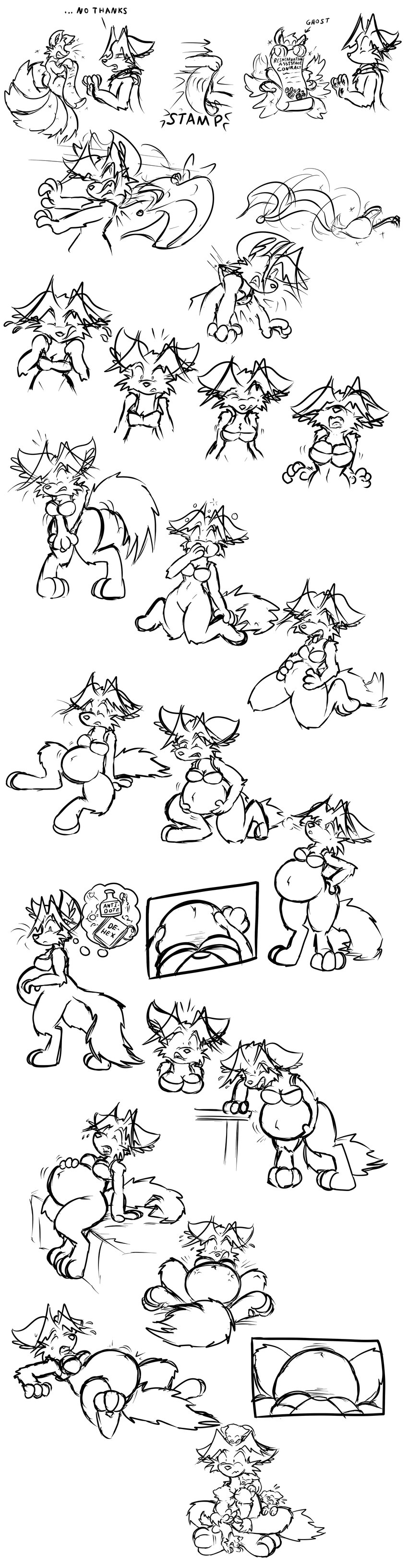 ambiguous_gender anthro baby biped black_nose bottomless bra breast_growth breastfeeding breasts cloak clothed clothing digitigrade featureless_crotch female feral first_person_view front_view gender_transformation group growth kneeling leaning_on_table lying male motion_lines mtf_transformation multi_tail navel on_back open_mouth paper pregnant pregnant_anthro pregnant_female rapid_pregnancy side_view sitting sitting_on_ground solo_focus spread_legs spreading squiggle_mouth standing tail text thought_bubble tongue tongue_out transformation transformation_sequence underwear young young_ambiguous young_feral virmir virmir_(character) ghost spirit 2017 absurd_res english_text hi_res monochrome pictographics sketch