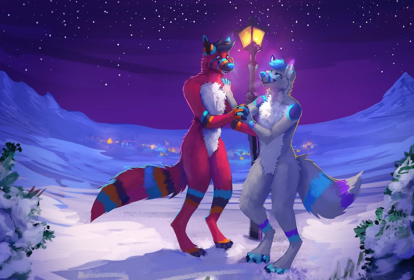 anthro biped black_body black_fur black_hair black_lips blue_eyes blue_hair blue_nose detailed_background digitigrade duo eye_contact featureless_crotch fluffy fur hair hand_holding lips looking_at_another multicolored_body multicolored_fur multicolored_tail night outside paws red_body red_eyes red_fur sky snow standing star starry_sky street_lamp tail white_body white_fur berubeswagos slashingdawn canid canine fox mammal 2021 absurd_res digital_media_(artwork) digital_painting_(artwork) hi_res painting_(artwork)